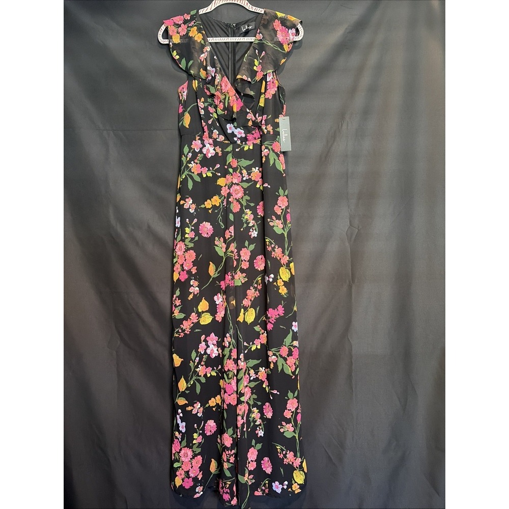 Lulu's Small NWT Floral Blooming Love Black Ruffle Sleeve Wide Leg Jumpsuit